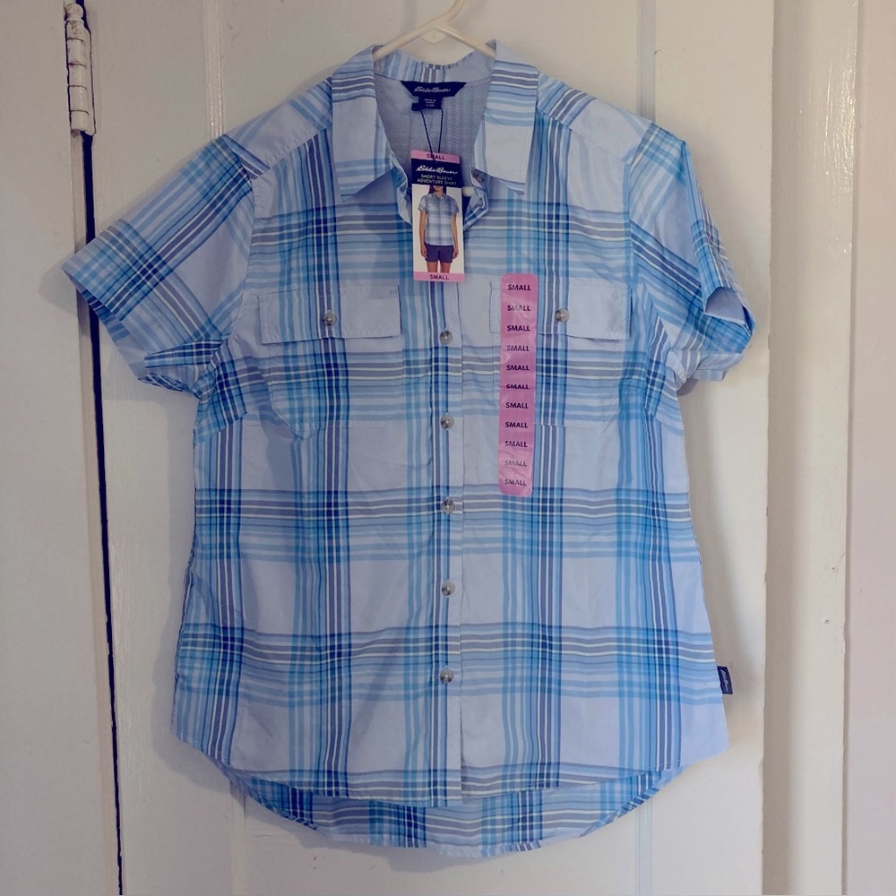 Eddie Bauer Adventure Shirt Women's Small Short Sleeve Blue/White Plaid Shirt